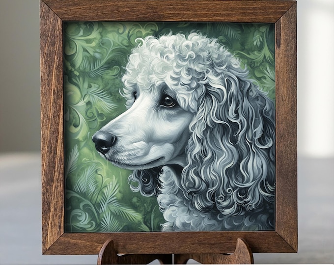 Silver Poodle Dog Framed Art, Watercolor Husky Portrait, 5.5 Inch Shelf Decor with Easel, Dog Lover Gift