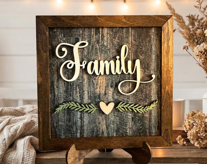 Family Framed Wood Sign with Easel, Rustic Farmhouse Family Decor, Layered Wood Wall Art or Shelf Sign, Housewarming or Family Gift