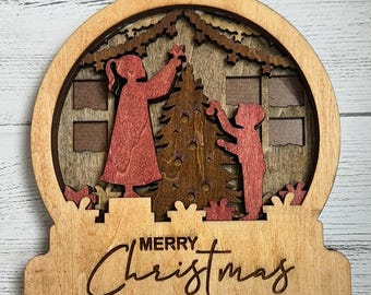 Wooden Layered Snow Globe with Merry Christmas and Children decorating tree - Stained Wood Home Decor Key Hook Rustic