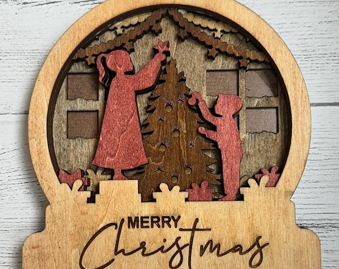 Wooden Layered Snow Globe with Merry Christmas and Children decorating tree - Stained Wood Home Decor Key Hook Rustic