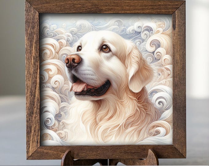 Cream Golden Retriever Dog Framed Art, Watercolor Golden Retriever Portrait, 5.5 Inch Shelf Decor with Easel, Dog Lover Gift