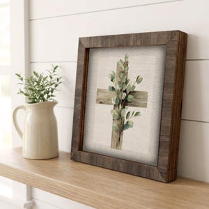 Botanical Cross Art, Framed Christian Wall Decor, Rustic Farmhouse Faith Home Styling