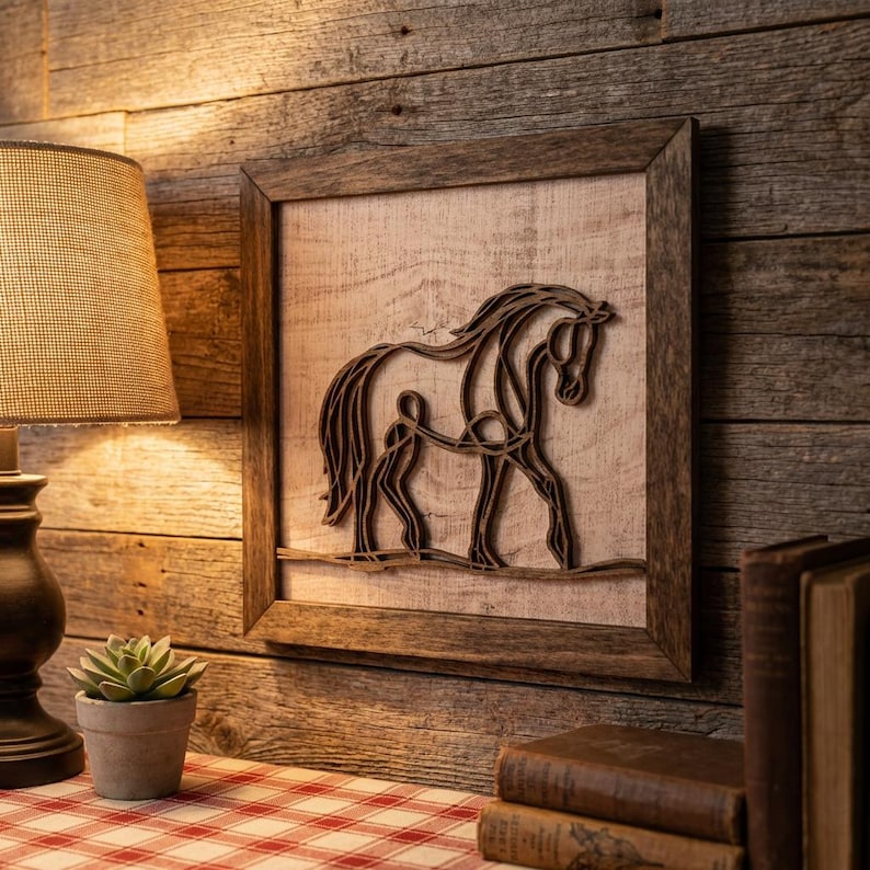 May include: Wooden framed wall art featuring a horse silhouette. The horse is depicted in a layered, three-dimensional style, with a natural wood finish. The artwork is mounted on a light-colored wooden background.