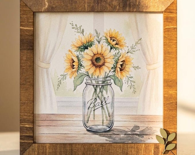 Sunflower Art Sign – Rustic Mason Jar Floral Wall Decor – 5.5” Framed Wood Sign with Leaf Embellishment – Garden Jar Art Signs