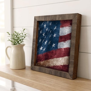 Rustic American Flag Wood Sign | Farmhouse Patriotic Decor | Stained Wood Shelf Sitter