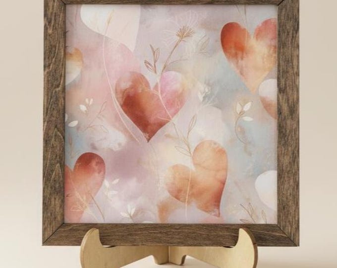 Rustic Valentine Wood Sign with Easel | Watercolor Heart Art | Farmhouse Gift for Her | Love Home Accent | 5.5 inch Square Decor