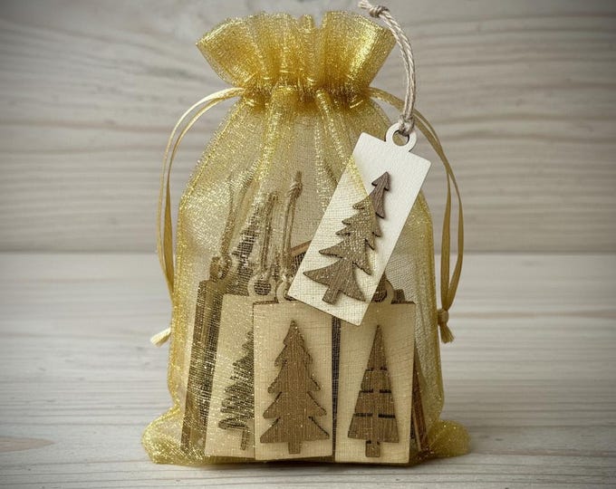 Rustic Mini Christmas Tree Ornaments – Set of 10 – Wooden Farmhouse Holiday Décor, Giftable in Gold Organza Bag, Stocking Stuffers
