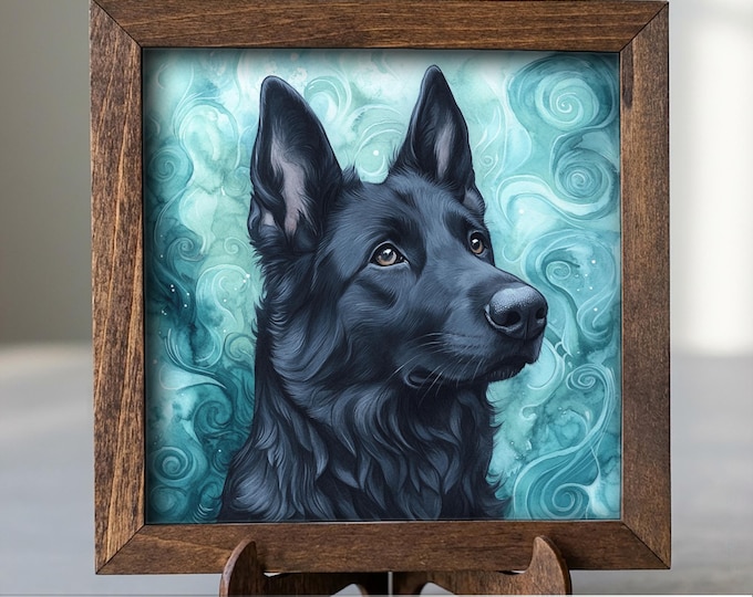 Solid black German Shepherd Dog Framed Art, Watercolor German Shepherd Portrait, 5.5 Inch Shelf Decor with Easel, Dog Lover Gift