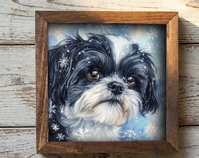 Black and White Shih Tzu Dog Framed Art, WatercolorPortrait, 5.5 Inch Shelf Decor, Dog Lover Gift
