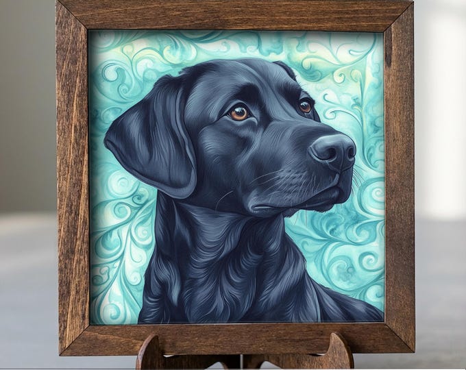Black Laborador Retriever Dog Framed Art, Watercolor Golden Retriever Portrait, 5.5 Inch Shelf Decor with Easel, Dog Lover Gift