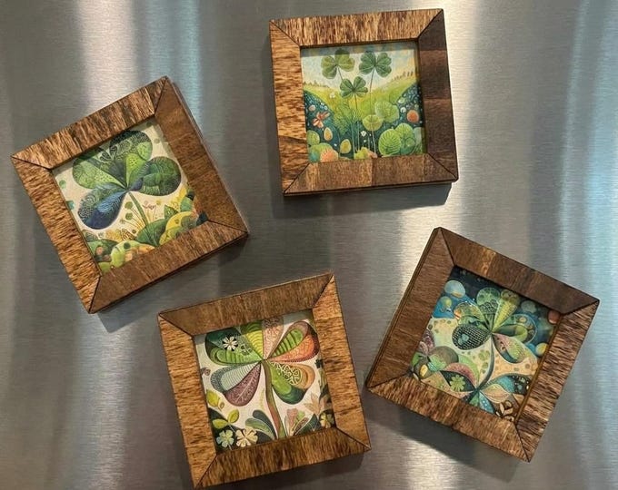 Rustic Wood Fridge Magnets Set of 4 | Handmade Farmhouse Magnet Decor | Clover Art Mini Wood Frames | Strong Flush Magnets St Patricks Day