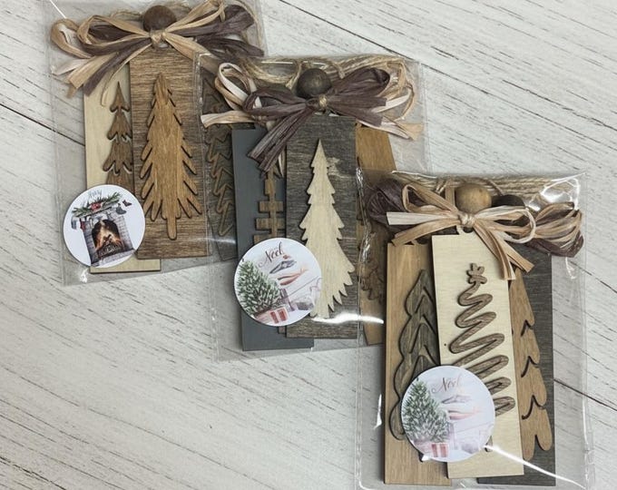 Rustic Christmas Tree Ornament Gift Set (3-Pack) – Neutral Farmhouse Holiday Décor – Ready to Gift Stocking Stuffers