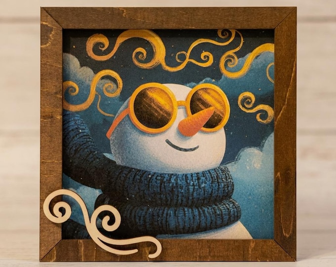 Snowman Art Sign 5.5 Inch & Easel – Rustic Farmhouse Winter Decor, Framed Snowman Wall Art, Cozy Christmas Shelf Sign, Handmade Wood Art