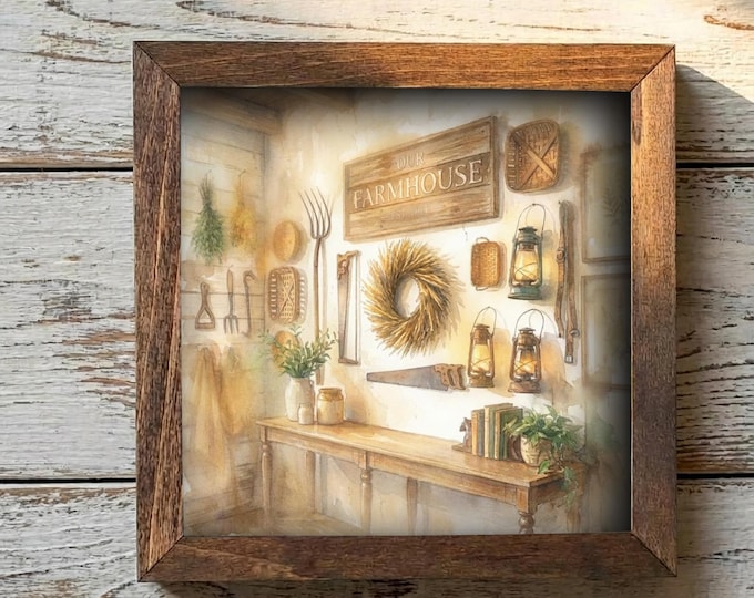 5.5” Framed Farmhouse Art – Cozy Rustic Interior Scene, Cottage Shelf Decor, Neutral Farmhouse Home Accent