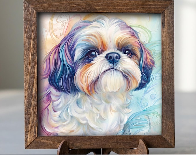 Tri-Color Shih Tzu Dog Framed Art, Watercolor Shiba Inu Portrait, 5.5 Inch Shelf Decor with Easel, Dog Lover Gift