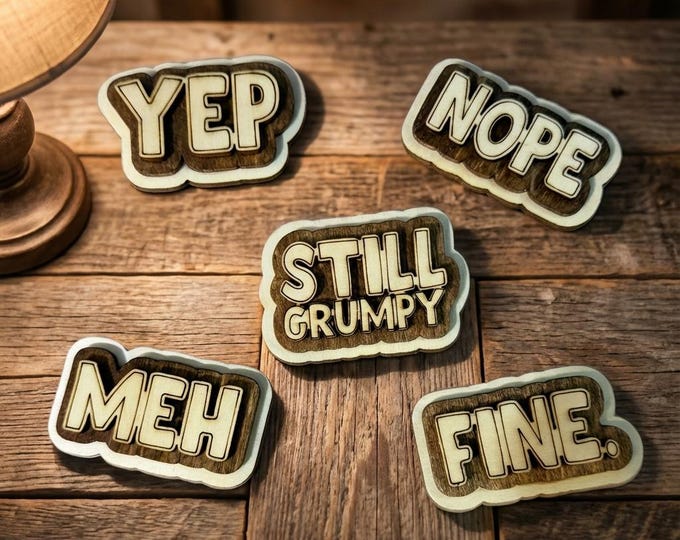 Funny Rustic Wood Magnet Set | Farmhouse Fridge Magnets | Handmade Country Decor | Yep | Nope | Meh | Fine | Still Grumpy