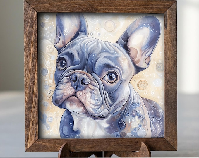 Blue-gray French Bulldog Dog Framed Art, Watercolor French Bulldog Portrait, 5.5 Inch Shelf Decor with Easel, Dog Lover Gift