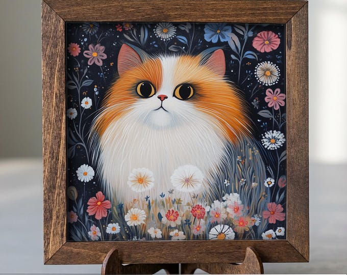 5.5” Framed Cat Art & Easel – Whimsical Folk Art Floral Orange and White Cat, Rustic Farmhouse Shelf Decor, Cozy Cottage Home Accent