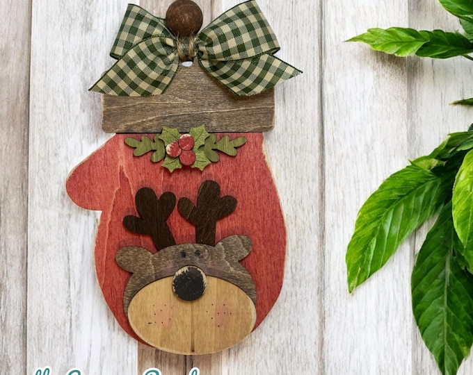 Hand Painted Mitten Ornament - Rustic Wood Christmas Decor - Beaded Hanger - Tree Ornament - OOAK Holiday Gift