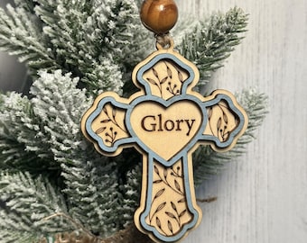 Rustic Cross Christmas Ornaments – Handcrafted Wooden "Glory" Cross Ornaments with Natural Bead, Two-Layer Design, Bulk/Wholesale Options