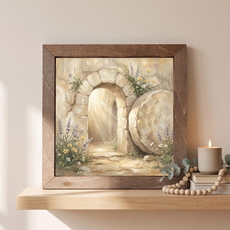 Empty Tomb Framed Christian Art – He Is Risen Easter Decor | Farmhouse Faith Home Gift image 1