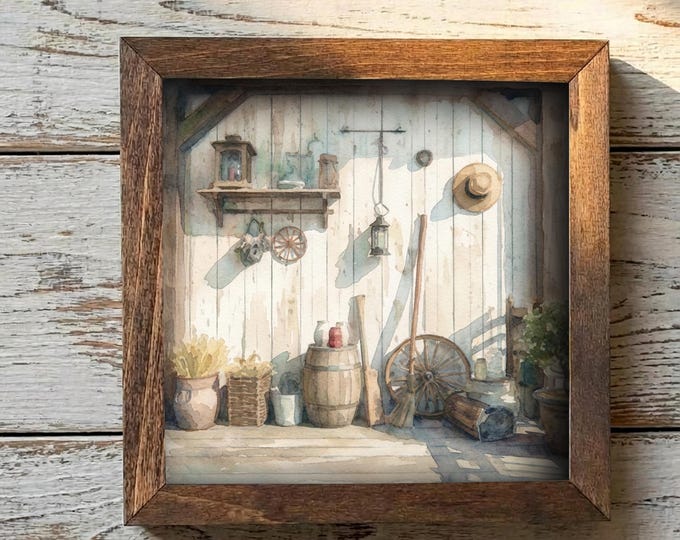 5.5” Framed Farmhouse Art – Cozy Rustic Interior Scene, Cottage Shelf Decor, Neutral Farmhouse Home Accent