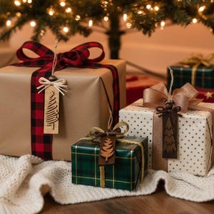 Natural wooden holiday ornaments with rustic design and neutral stain variations.