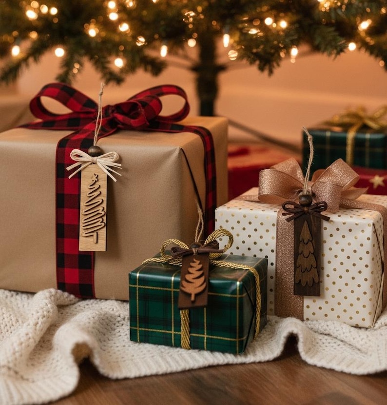 Natural wooden holiday ornaments with rustic design and neutral stain variations.