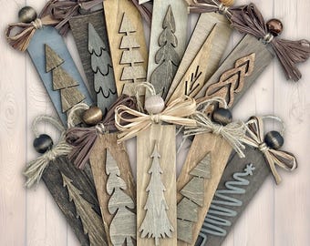 Rustic Christmas Tree Ornaments - Grays and Browns Stained Vintage Single or Bulk Winter Tree Holiday Ornament Handcrafted Bulk Wholesale