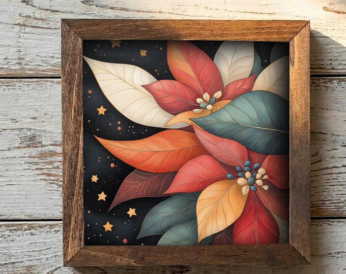 5.5” Framed Holiday Floral Wall Art – Whimsical Poinsettia Style, Christmas Farmhouse Shelf Decor, Cozy Seasonal Home Accent