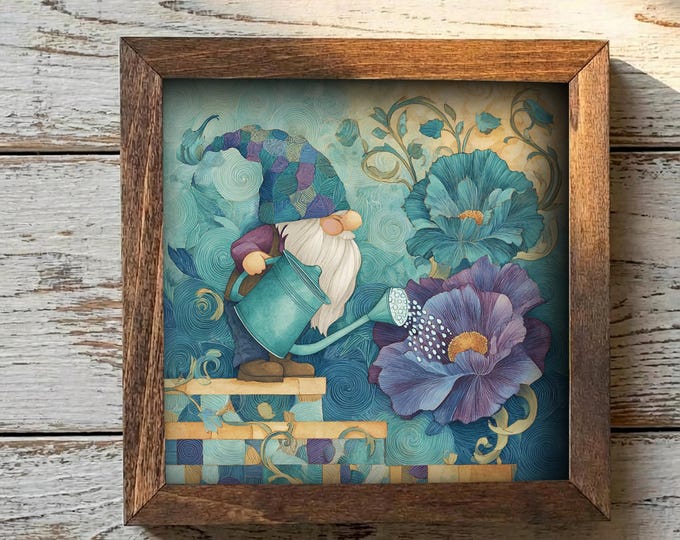 Garden Gnome Framed Art | Whimsical Flower Illustration | Cottagecore Gnome Decor | Rustic Farmhouse Frame