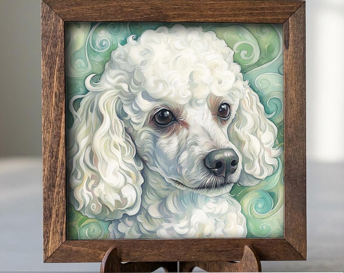 White Poodle Dog Framed Art, Watercolor Husky Portrait, 5.5 Inch Shelf Decor with Easel, Dog Lover Gift