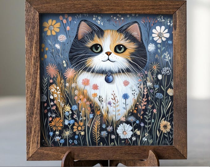 5.5” Framed Cat Art & Easel – Whimsical Folk Art Floral Calico Cat, Rustic Farmhouse Shelf Decor, Cozy Cottage Home Accent