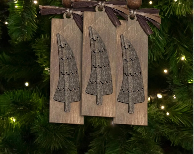 Country Brown Natural Wood Tree Ornament, Wood Holiday Decor, rustic farmhouse ornament, woodland holiday decor, Single or Bulk Qty