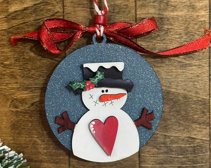 Handmade Snowman with Heart Ornament – Rustic Christmas Decoration