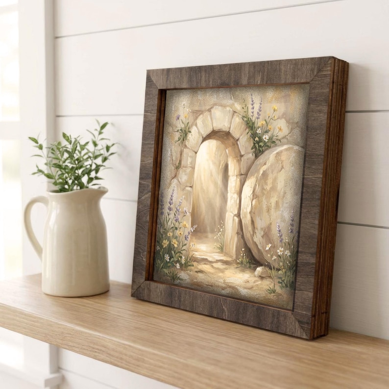 Empty Tomb Framed Christian Art – He Is Risen Easter Decor | Farmhouse Faith Home Gift image 2