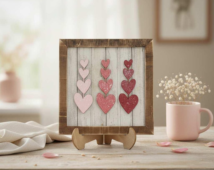 Valentine Heart Easel Sign: 3D Laser Cut Wood Shelf Decor | Rustic Farmhouse Tiered Tray Sign