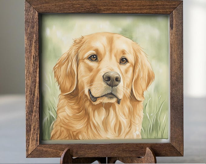 Classic golden Golden Retriever Dog Framed Art, Watercolor Golden Retriever Portrait, 5.5 Inch Shelf Decor with Easel, Dog Lover Gift