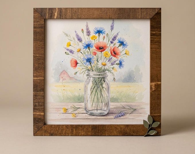Floral Mason Jar Watercolor Wood Sign • Rustic Farmhouse Decor
