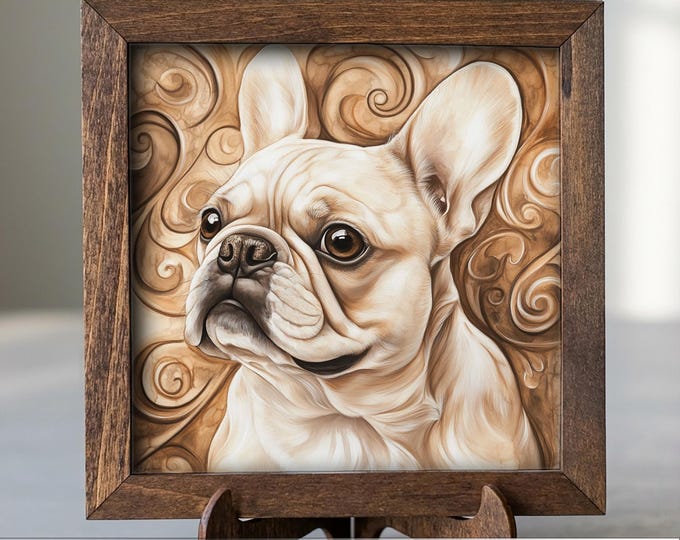 Fawn French Bulldog Dog Framed Art, Watercolor French Bulldog Portrait, 5.5 Inch Shelf Decor with Easel, Dog Lover Gift