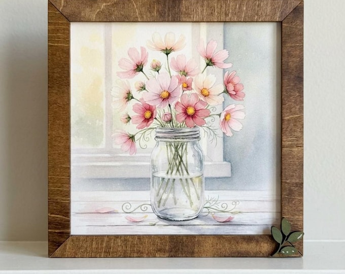 Cosmos Flower Art Sign – Rustic Mason Jar, Leaf Embellishment