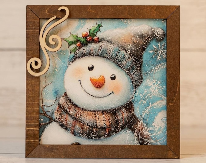 Snowman Art Sign 5.5 Inch & Easel – Rustic Farmhouse Winter Decor, Framed Snowman Wall Art, Cozy Christmas Shelf Sign, Handmade Wood Art