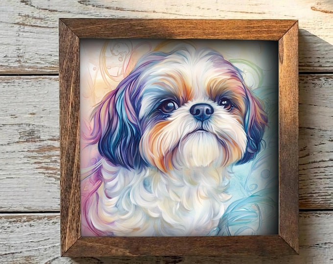 Tri-Color Shih Tzu Dog Framed Wall Art, Watercolor Portrait, 5.5 Inch Shelf Decor, Dog Lover Gift
