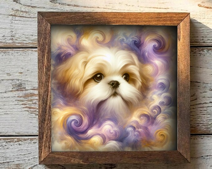 Gold and White Shih Tzu Dog Framed Art, Watercolor Portrait, 5.5 Inch Shelf Decor, Dog Lover Gift