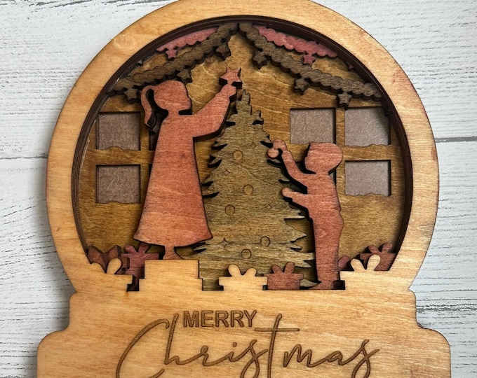 Wooden Layered Snow Globe with Merry Christmas and Children decorating tree - Stained Wood Home Decor Key Hook Rustic