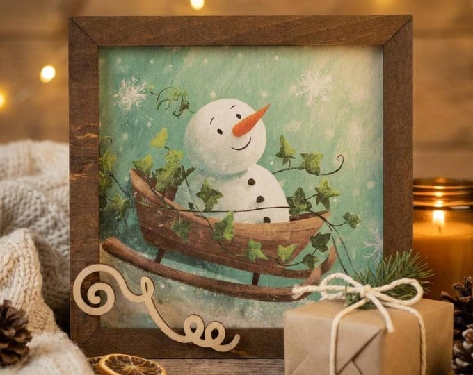 Snowman Art Sign 5.5 Inch & Easel – Rustic Farmhouse Winter Decor, Framed Snowman Wall Art, Cozy Christmas Shelf Sign, Handmade Wood Art
