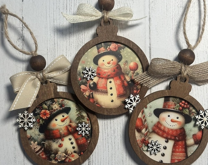 Rustic Snowman Christmas Ornaments Set, Vintage Wooden Holiday Decorations, Farmhouse Winter Tree Décor, Handmade Christmas Baubles