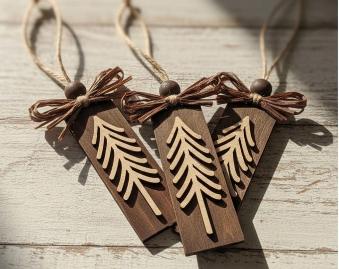 Rustic Evergreen Tree Ornaments – Set of 3 – Tall Layered Wood Design with Brown Bow – Limited Edition Handmade Christmas Decor