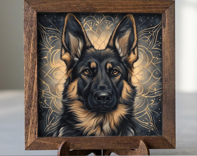 Classic Saddle Pattern German Shepherd Dog Framed Art, Watercolor German Shepherd Portrait, 5.5 Inch Shelf Decor with Easel, Dog Lover Gift