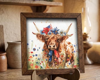 Patriotic Highland Cow Art Print | Watercolor Farmhouse Decor, Wildflower Field Sign